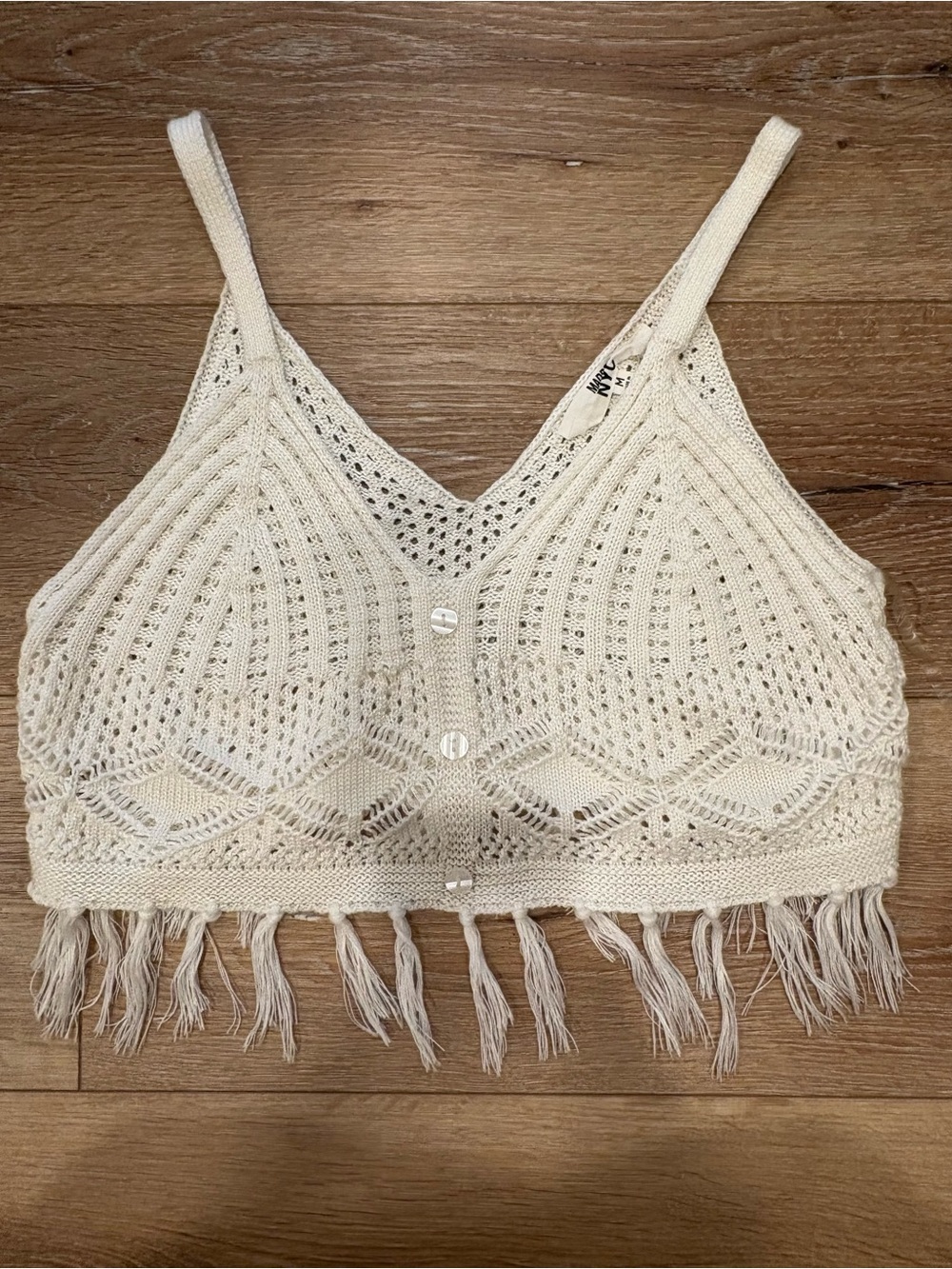Women’s Cream Crochet Fringe Button-Front Bralette Crop Top-Madden NYC- size M